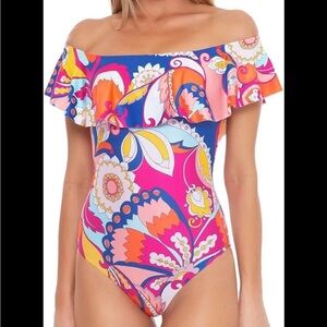 Trina Turk Sevilla Cap Sleeve Off Shoulder Ruffle One Piece Swimsuit S bathing